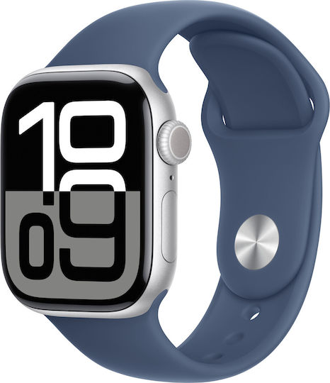 Apple Watch Series 10 Cellular Aluminium 42mm Waterproof with eSIM and Heart Rate Monitor (Silver Aluminium Denim Sport Band S/M) view 1