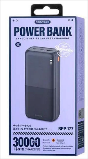Remax RPP-177 Power Bank 30000mAh with USB-A Port and 2 USB-C Ports Black view 2
