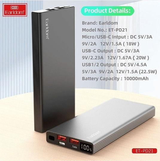 Earldom ET-PD21 Power Bank 10000mAh 20W with 2 USB-A Ports and USB-C Port Power Delivery Black view 6
