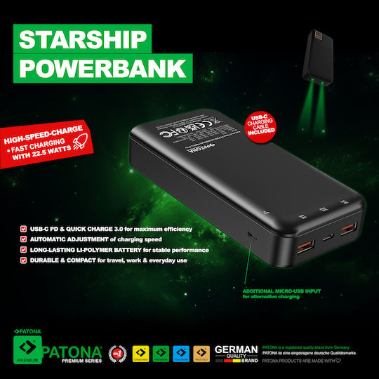Patona Stark 4.0 Power Bank 20000mAh 22.5W with 2 USB-A Ports and USB-C Port Power Delivery Black vue 3