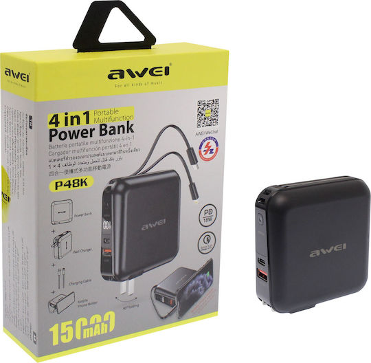 Awei P48K Power Bank 15000mAh with USB-A Port and USB-C Port Quick Charge 3.0 Black view 2