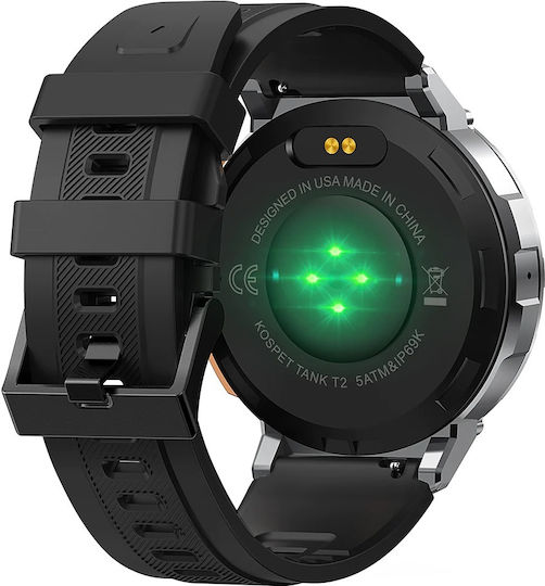 Kospet Tank T2 Waterproof Smartwatch with Heart Rate Monitor (Silver Case, Black Silicone Strap) view 2