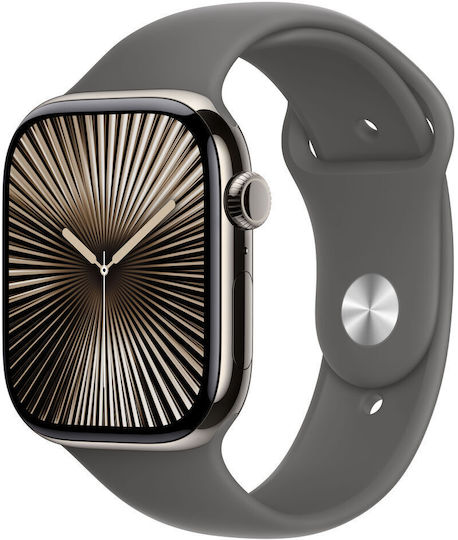Apple Watch Series 10 Cellular Titanium 46mm Waterproof with eSIM and Heart Rate Monitor (Natural - Stone Grey Sport Band - S/M) view 1