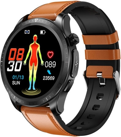 E420 1.39 Inch Color Screen Smart Watch Leather Strap Support Heart Rate Monitoring Blood Pressure Monitoring Brown view 1