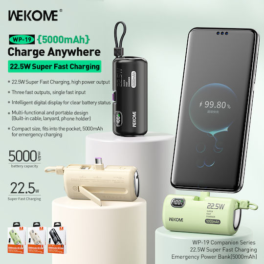 WK WP-19 Power Bank 5000mAh 22.5W with 2 USB-C Ports Black vue 3