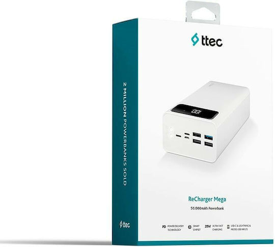 TTEC Recharger Mega Power Bank 50000mAh 20W with 4 USB-A Ports and USB-C Port Power Delivery / Quick Charge 3.0 White vue 4