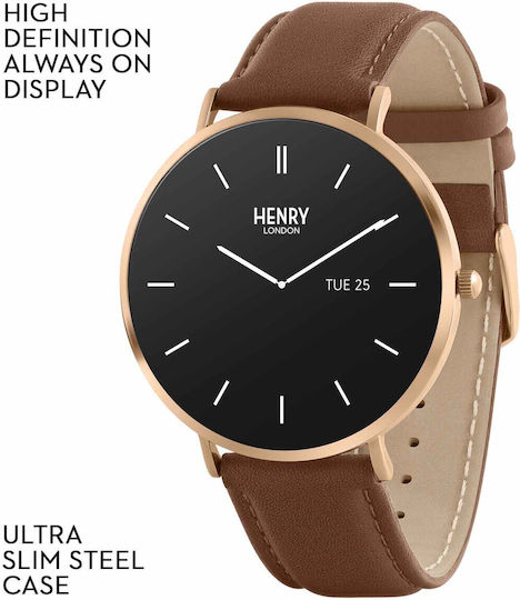 Henry London Smart Stainless Steel 43mm Smartwatch with Heart Rate Monitor (Rose & Chocolate Leather) view 2