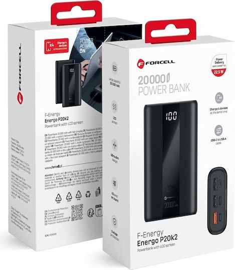 Forcell P20K2 Power Bank 20000mAh 22.5W with 3 USB-A Ports and USB-C Port Power Delivery / Quick Charge 3.0 Black