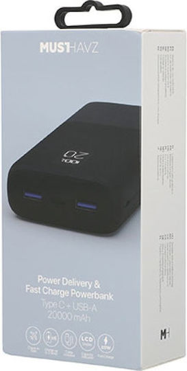 Musthavz MHPWRPD20A004BLK Power Bank 20000mAh 20W with 2 USB-A Ports and USB-C Port Power Delivery Black