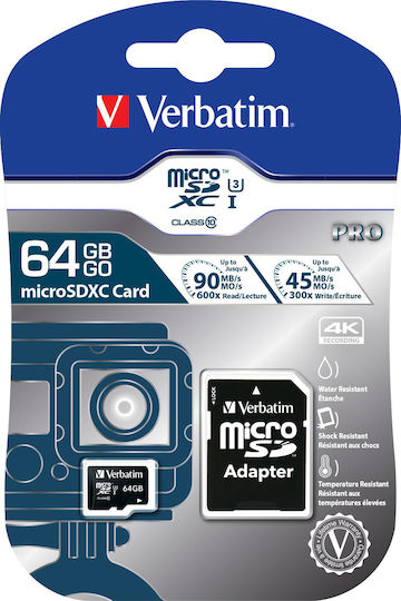 Verbatim Pro microSDXC 64GB U3 UHS-I 90MB/s With Adapter view 2