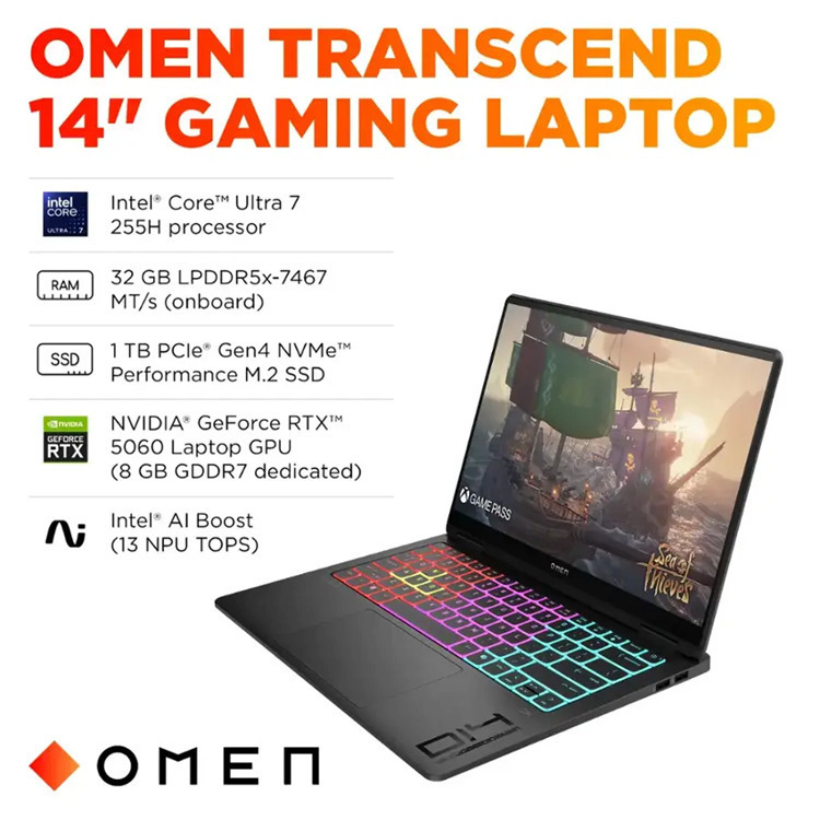 HP OMEN Transcend 14" OLED 120Hz (Ultra 7-255H/32GB/1TB SSD/GeForce RTX 5060/W11 Home) (US Keyboard) view 5