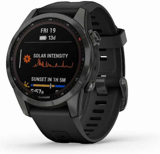 Garmin Fenix 7S Sapphire Solar Titanium 42mm Waterproof Smartwatch with Heart Rate Monitor (Carbon Grey DLC Titanium with Black Band) view 2
