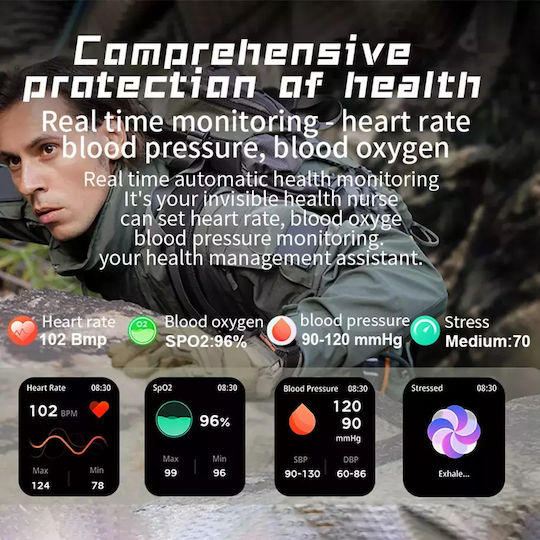 Men's Smart Watch Nubi Kr80 Ips Display Bluetooth Call 650 Mah Battery Pulse Calories Blood Pressure Remote Camera 100+ Sports Modes Orange Camouflage view 7