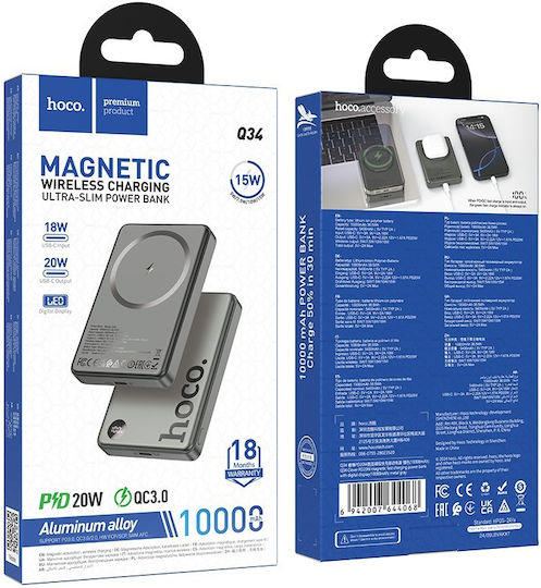 Hoco Q34 MagSafe Power Bank 10000mAh 20W with USB-C Port Power Delivery Metal Grey view 3