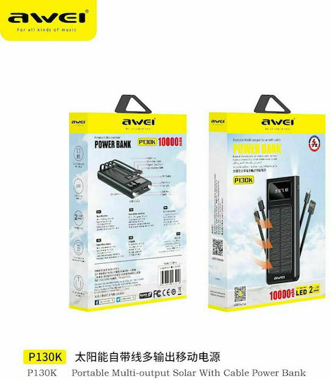 Awei P130K Solar Power Bank 10000mAh with 2 USB-A Ports and USB-C Port Quick Charge 3.0 Black