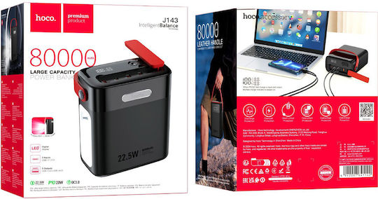 Hoco J143 Power Bank 80000mAh 22.5W with 2 USB-A Ports and 3 USB-C Ports Black view 2