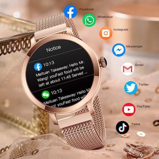 Aoke NX7 Pro Smartwatch with Heart Rate Monitor (Pink - Gold Case / Pink - Gold Metallic Strap) view 2
