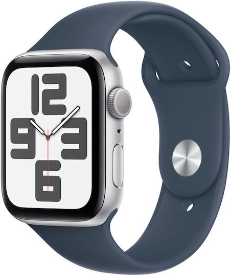 Apple Watch SE 2023 Aluminium 44mm Waterproof with Heart Rate Monitor (Silver with Storm Blue Sport Band) view 1