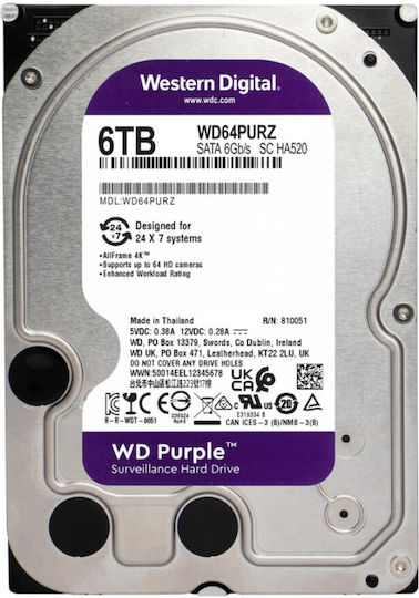 Western Digital Purple 6TB HDD Hard Drive 3.5" SATA III 5400rpm with 256MB Cache for Recorder WD64PURZ vue 4