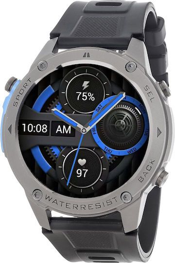 3Guys Stainless Steel 50mm Smartwatch with Heart Rate Monitor (Grey Silicone Strap)