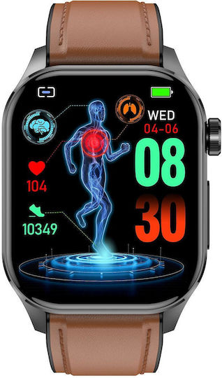 Et580 2.04 Inch Amoled Screen Sports Smart Watch Support Bluethooth Call Ecg Function Brown Leather Band view 2