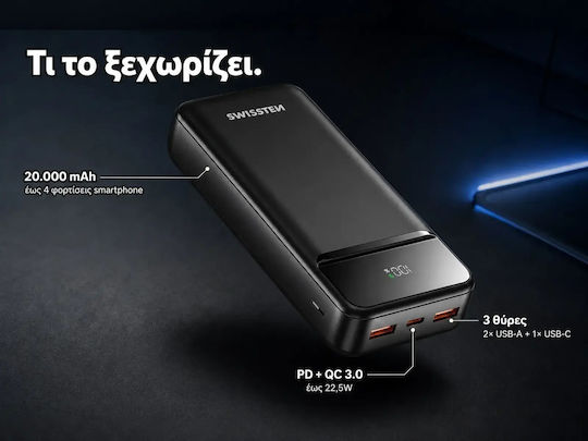 Swissten POWER LINE II Power Bank 20000mAh 22.5W with 2 USB-A Ports and USB-C Port Black view 4