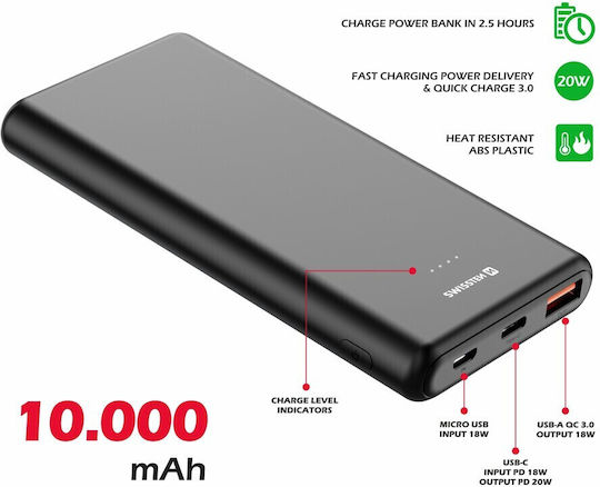 Swissten Power Bank 10000mAh 20W with 2 USB-A Ports and USB-C Port Power Delivery / Quick Charge 3.0 Black view 2