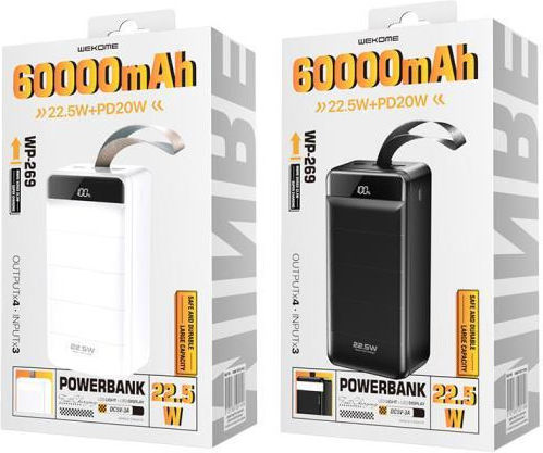 WK WP-269 Power Bank 60000mAh 22.5W with 3 USB-A Ports and USB-C Port Power Delivery / Quick Charge 3.0 Minre White view 3