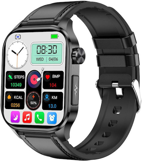 Et580 2.04 Inch Amoled Screen Sports Smart Watch Support Bluethooth Call Ecg Function Black Leather Band view 1