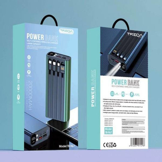 Treqa TR-967 Power Bank 20000mAh with 2 USB-A Ports and USB-C Port Black