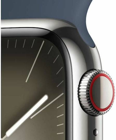 Apple Watch Series 9 Cellular Stainless Steel 41mm Waterproof with Heart Rate Monitor (Silver with Storm Blue Sport Band (S/M)) view 4