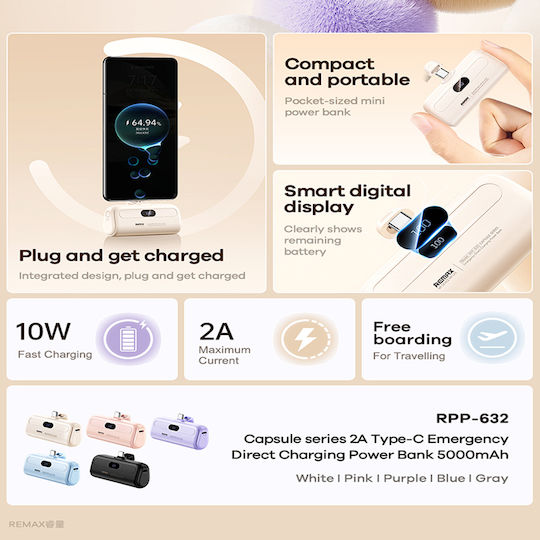 Remax Capsule Series RPP-632 Power Bank 5000mAh White view 3