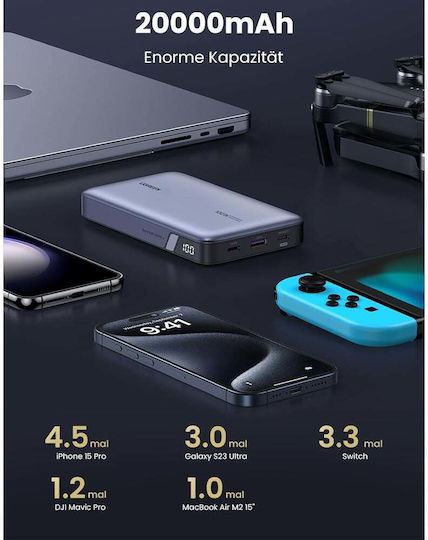 Ugreen PB720 Power Bank 20000mAh 100W with USB-A Port and 2 USB-C Ports Power Delivery / Quick Charge 2.0 / Quick Charge 3.0 Gray view 7
