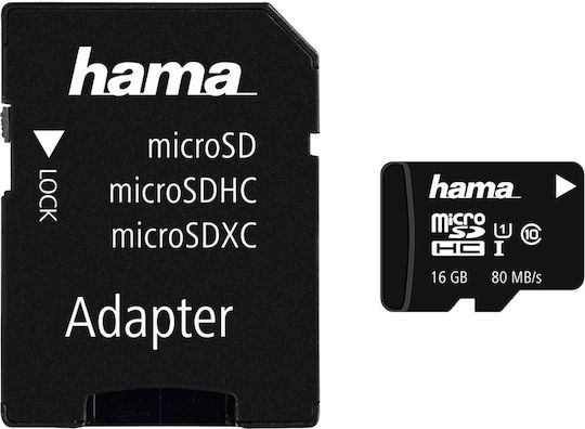 Hama microSDHC Memory Card 16GB Class 10 UHS-I 80MB/S + Adapter view 1