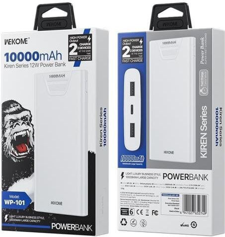 WK WP-101 Power Bank 10000mAh 12W with 2 USB-A Ports White vue 2