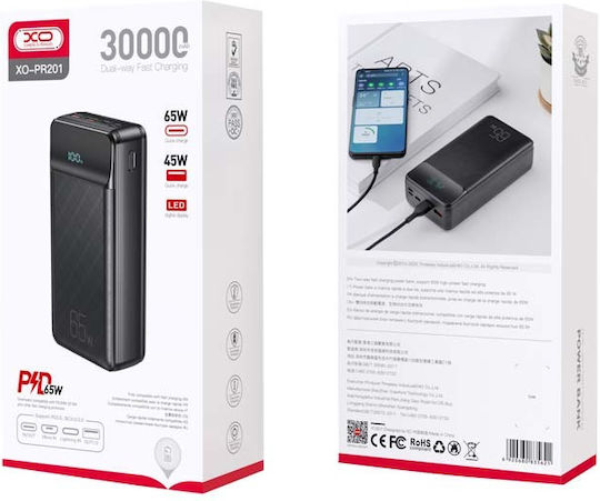 XO PR201 Power Bank 30000mAh 65W With 2 USB-A Output Ports And USB-C Output Port Power Delivery Quick Charge 2.0 Quick Charge 3.0 Black view 4