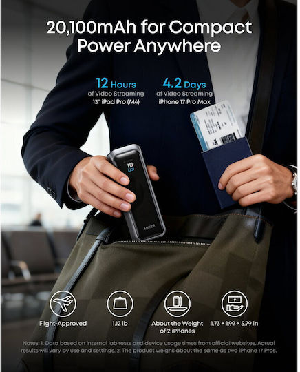 Anker Prime Power Bank 20100mAh 220W with USB-A Port and 2 USB-C Ports Black view 3