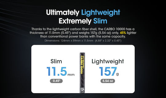 NiteCore Carbo 10000 Power Bank 10000mAh 18W with USB-A Port and USB-C Port Power Delivery Black view 7