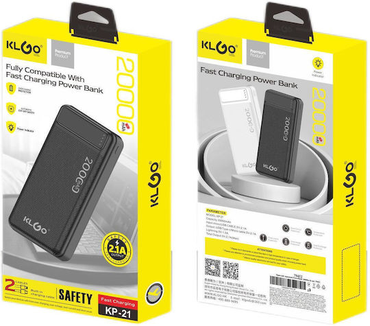 KLGO KP-21 Power Bank 20000mAh with 2 USB-A Ports Black