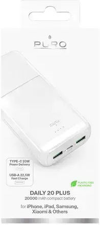 Puro Daily 20 Plus Power Bank 20000mAh 22.5W with 2 USB-A Ports and USB-C Port Power Delivery White view 4