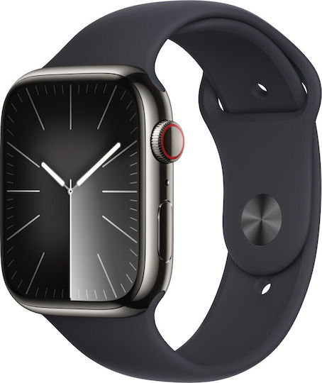 Apple Watch Series 9 Cellular Stainless Steel 45mm Waterproof with eSIM and Heart Rate Monitor (Graphite with Midnight Sport Band (M/L)) view 2