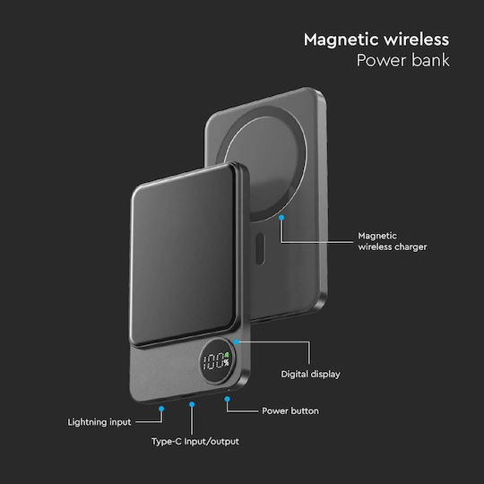 V-TAC MagSafe Power Bank 5000mAh 20W with USB-C Port Dark Grey vista 6