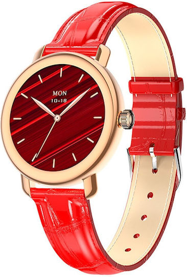 Aoke QW23 Smartwatch with Heart Rate Monitor (Gold case / red leather strap)