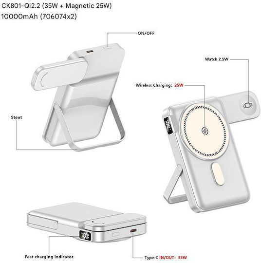 CK801 MagSafe Power Bank 10000mAh 25W with USB-C Output Port White view 2