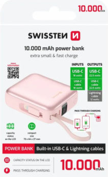 Swissten Power Bank 10000mAh 20W with USB-C Port Pink view 5