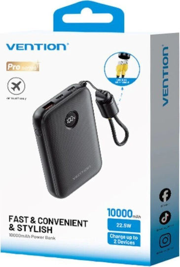 Vention Power Bank 10000mAh 22.5W with USB-A Port and USB-C Port Black view 3