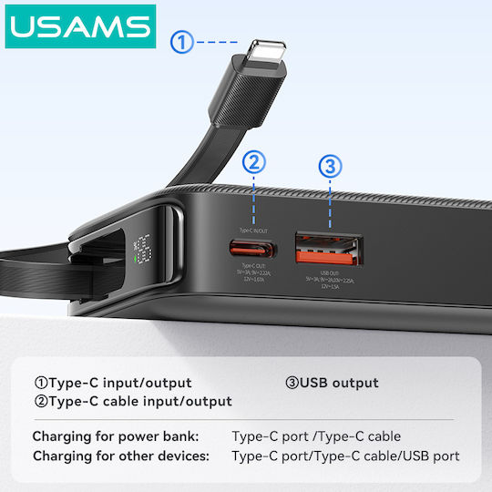 Usams CD225 Power Bank 10000mAh 20W with USB-A Port and USB-C Port Power Delivery White view 4