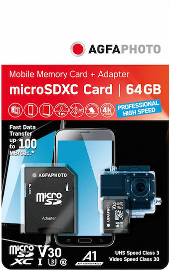 AgfaPhoto Professional microSDXC 64GB U3 V30 A1 High Speed 100MB/s with Adapter view 3