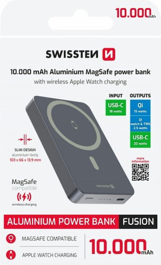 Swissten Fusion MagSafe Power Bank 10000mAh 20W With USB-C Output Port Silver view 5