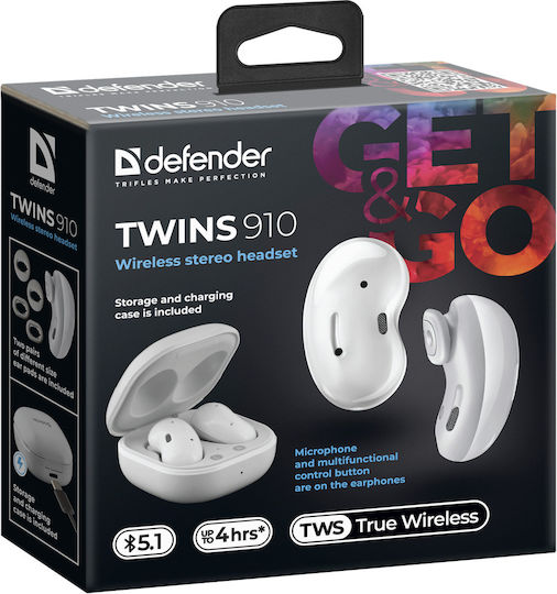 Defender Twins 910 Earbud Bluetooth Handsfree Earphones with Charging Case White view 5